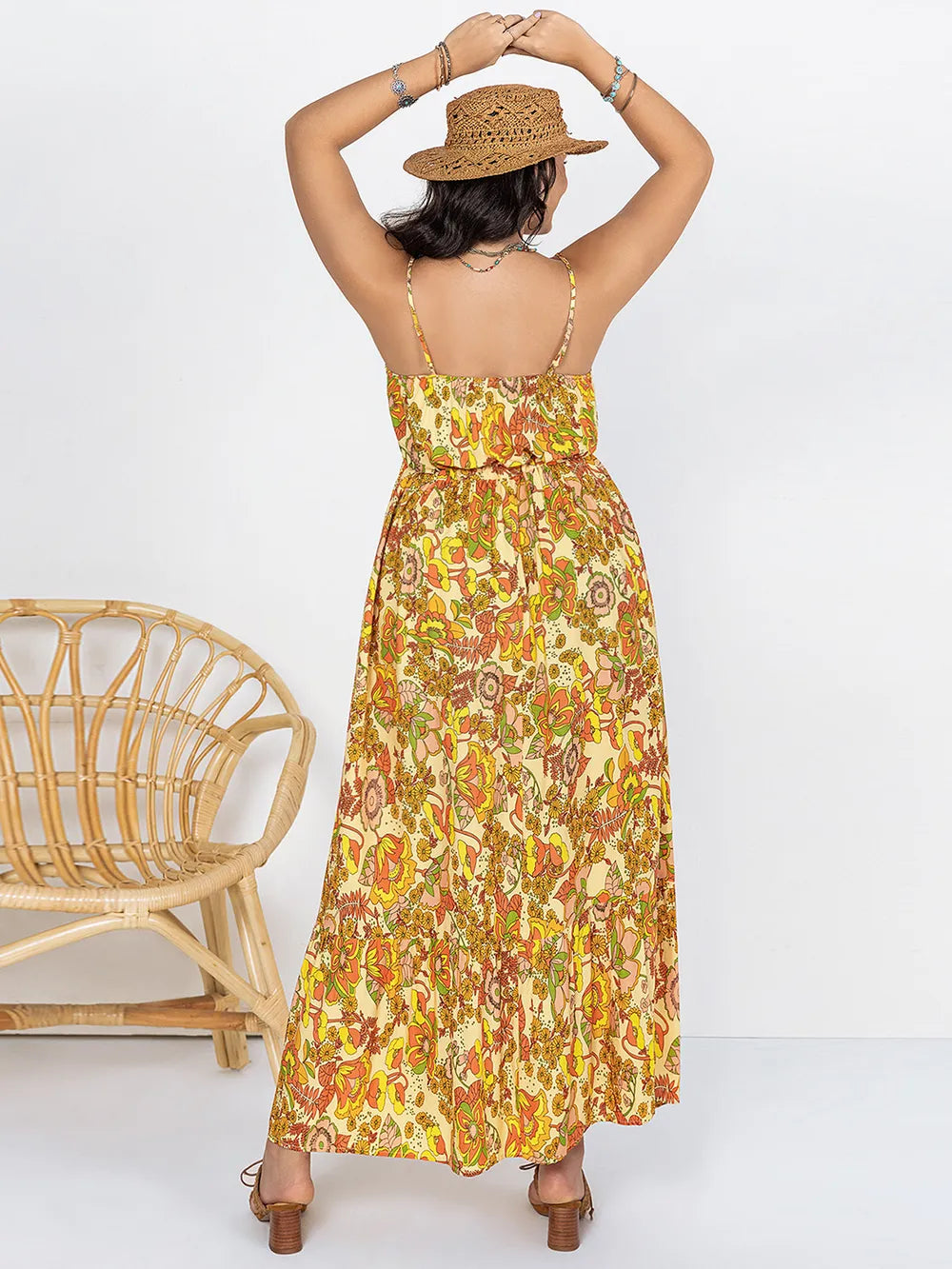 Plus Size Printed V-Neck Maxi Cami Dress Trendsi