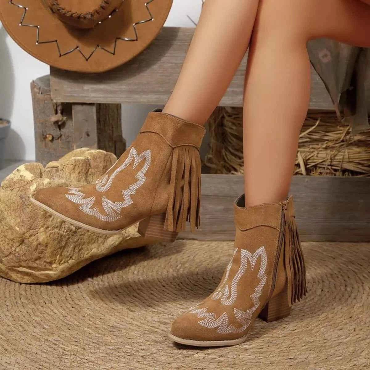 Fringe Point Toe Block Heels Boots Trendsi