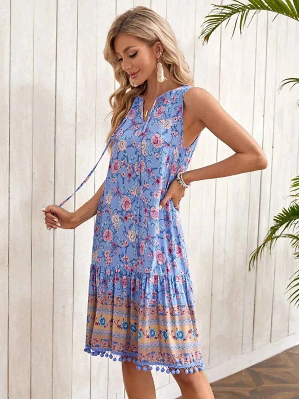 Tie Neck Sleeveless Floral Dress Trendsi