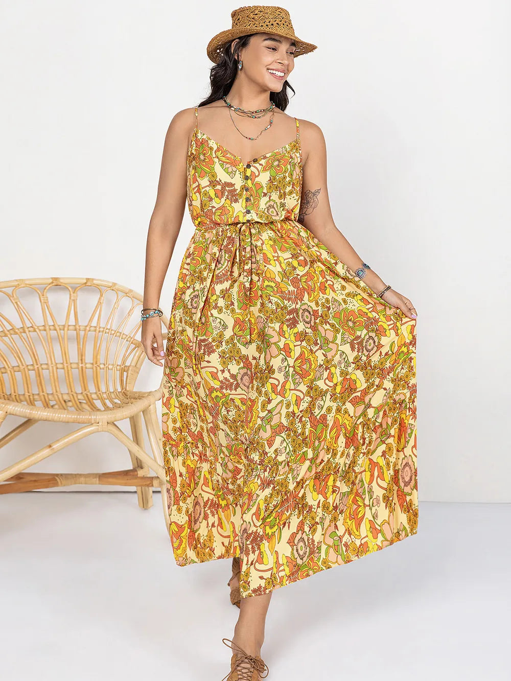 Plus Size Printed V-Neck Maxi Cami Dress Trendsi