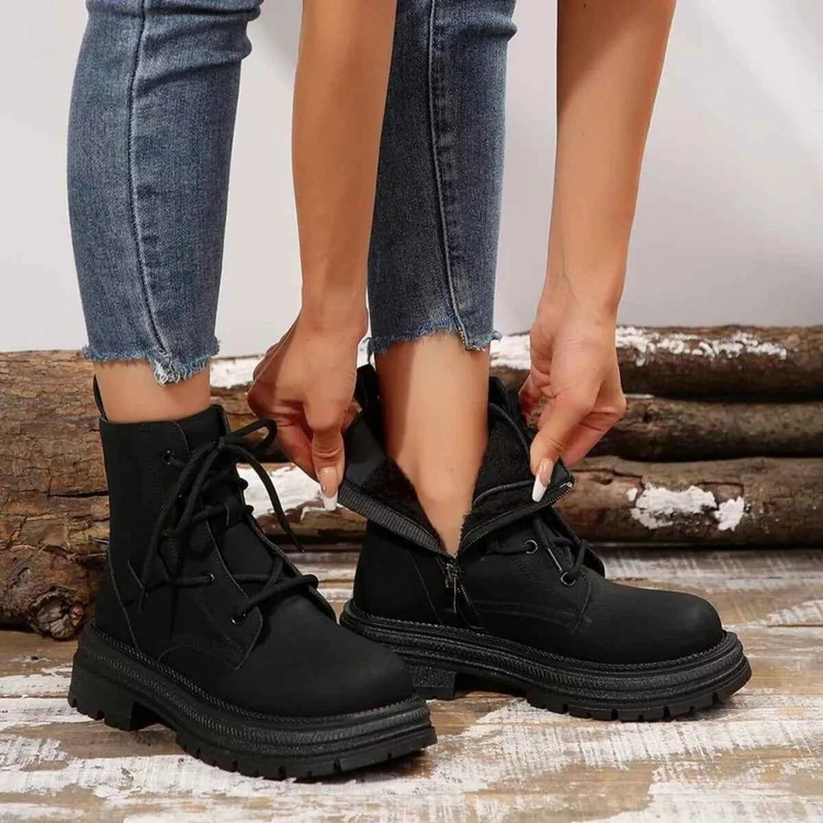 Round Toe Lace Up Platform Boots Trendsi