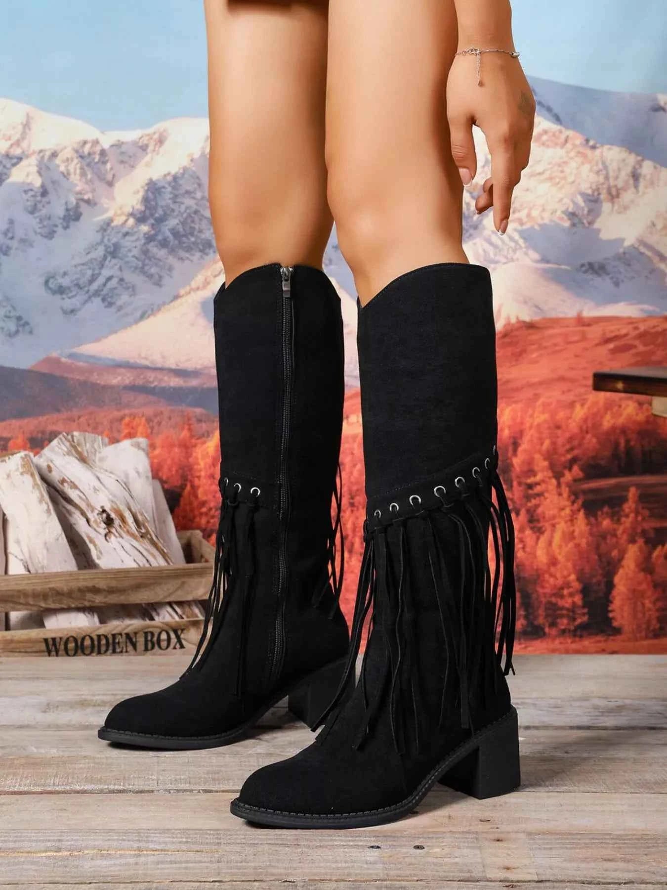Fringe Point Toe Block Heels Boots Black Trendsi