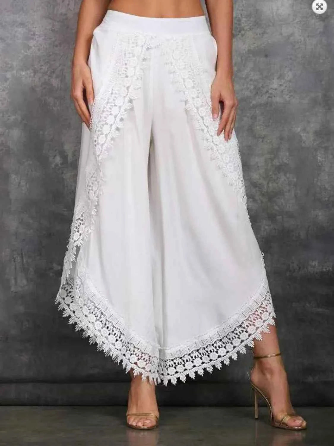 Full Size Lace Detail Wide Leg Pants Plus Size White Trendsi