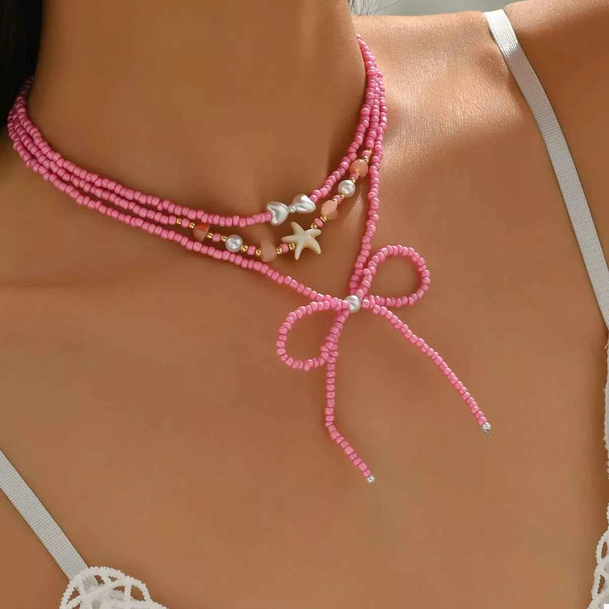 Beaded Three-Layered Necklace with Bow and Starfish Charms Trendsi