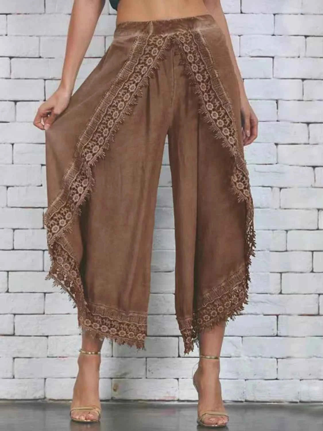 Full Size Lace Detail Wide Leg Pants Plus Size Caramel Trendsi