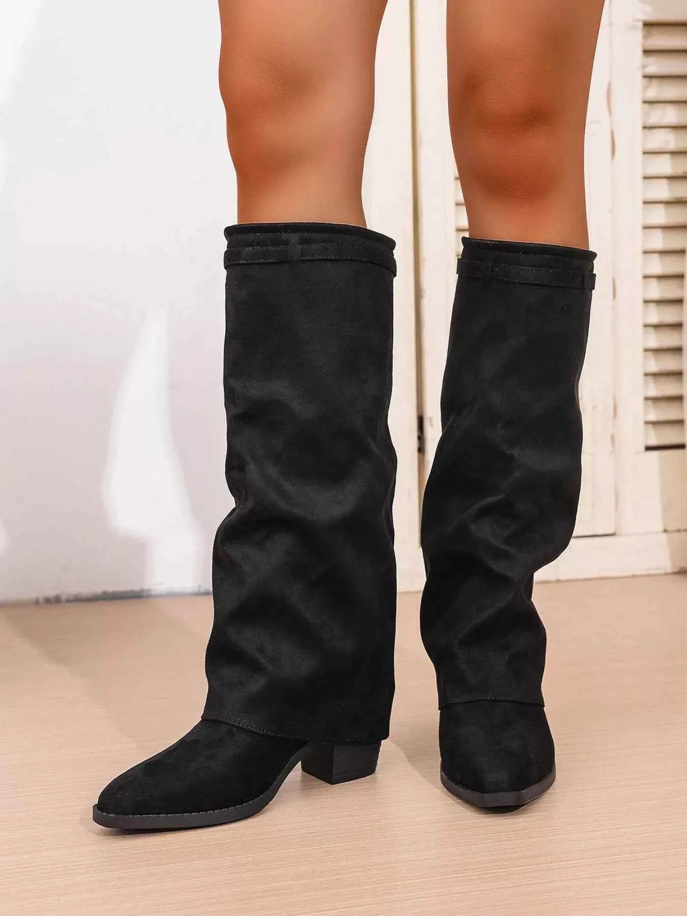Point Toe Block Heels Boots Black Trendsi