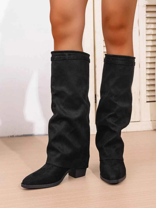Point Toe Block Heels Boots Black Trendsi