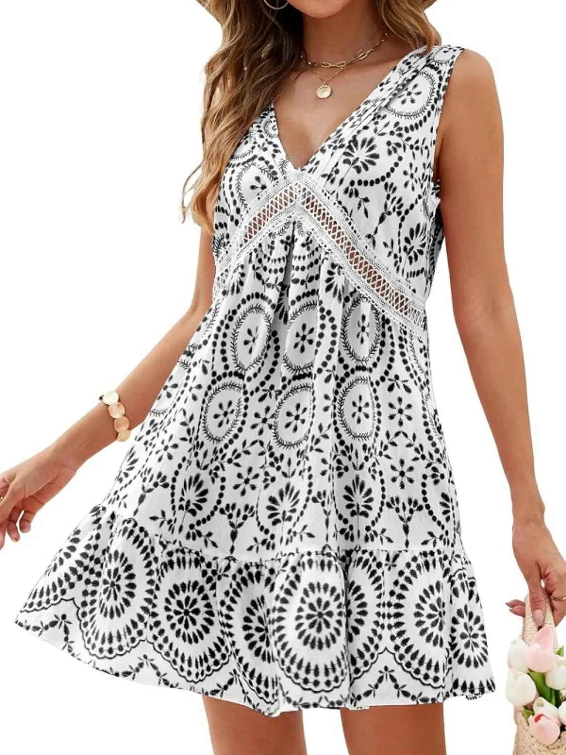 Printed V-Neck Sleeveless Mini Dress Black Trendsi