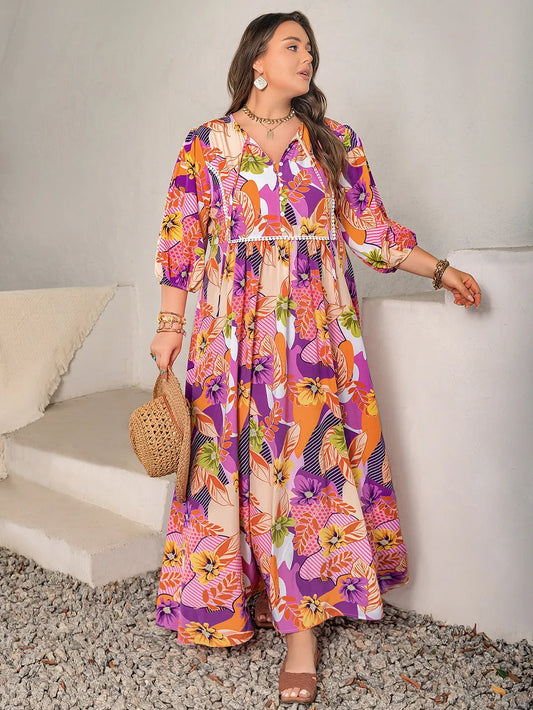 Plus Size Printed Tie Neck Maxi Dress Multicolor Trendsi