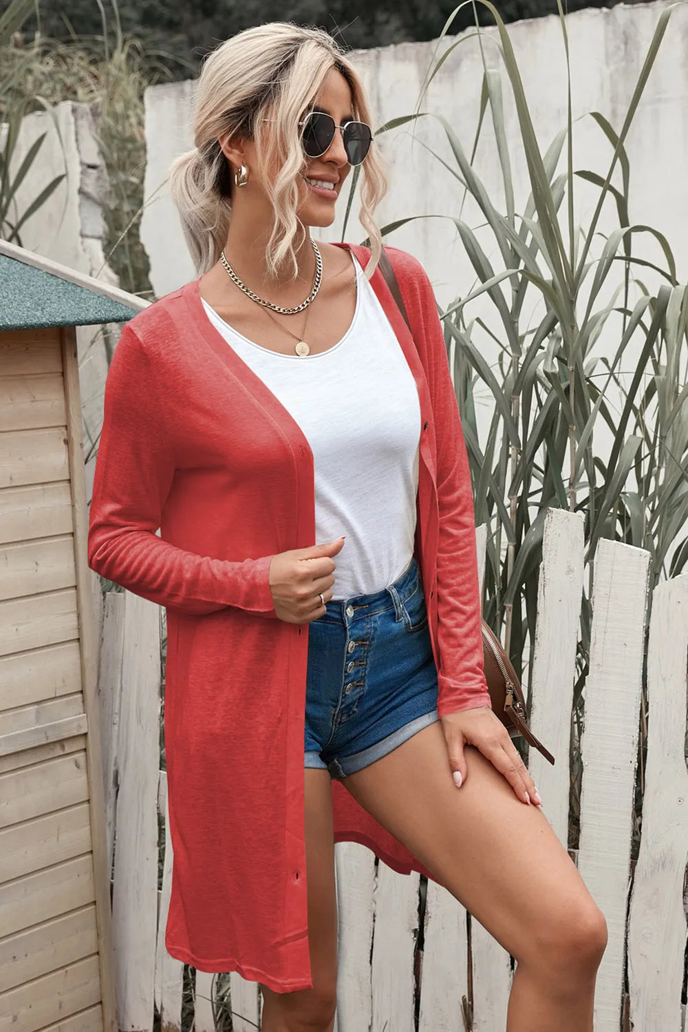 Button Up Long Sleeve Cover Up Rust Trendsi