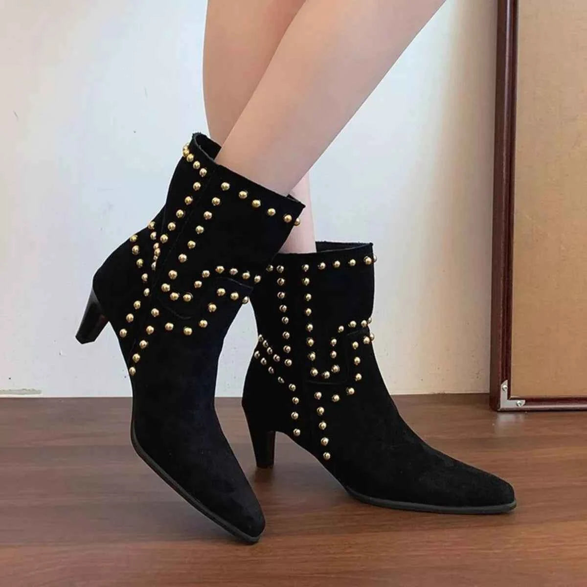 Point Toe Kitten Heels Boots Black Trendsi