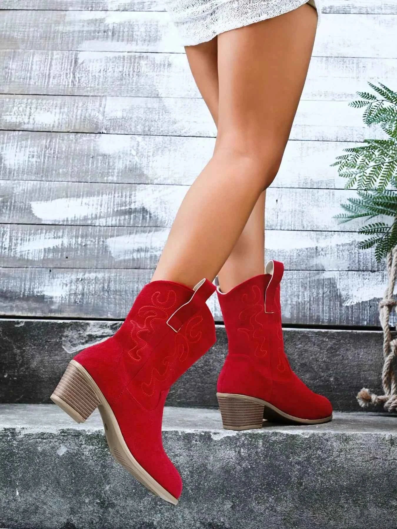 Point Toe Block Heels Boots Red Trendsi