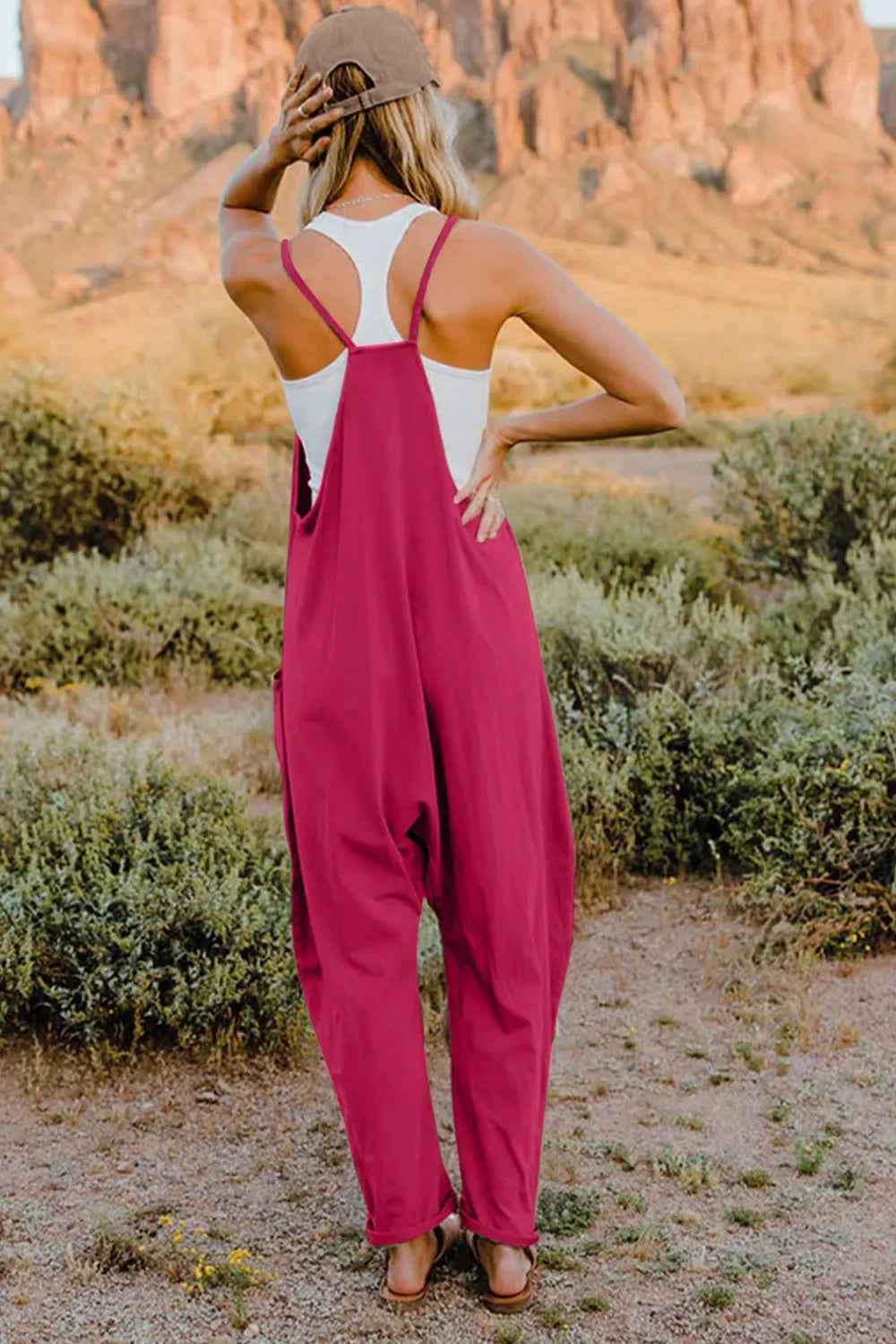 Double Take Full Size V-Neck Sleeveless Jumpsuit with Pockets Trendsi