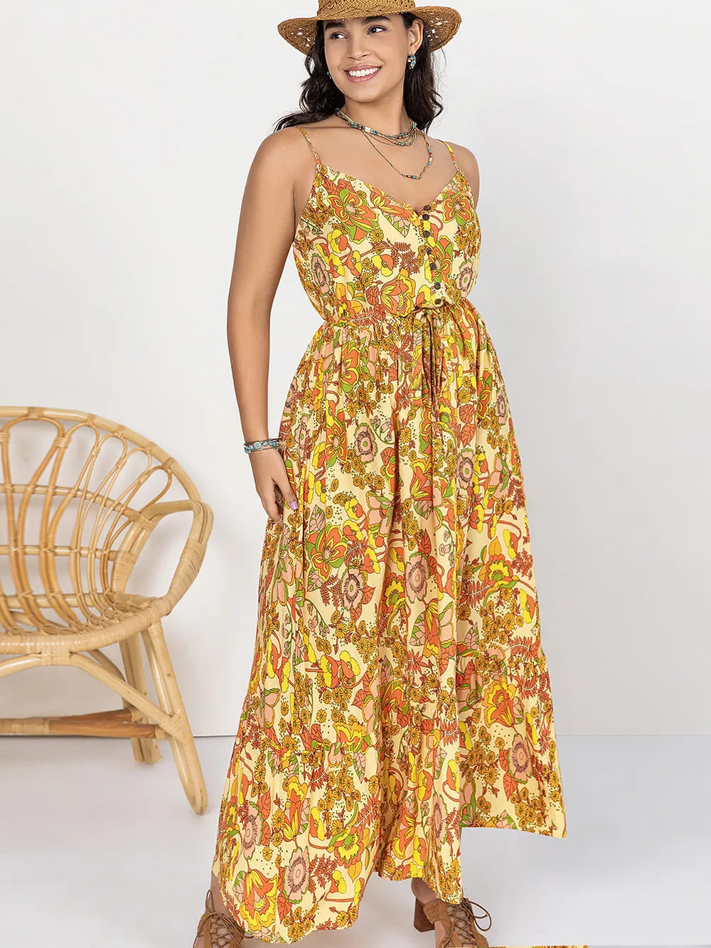 Plus Size Printed V-Neck Maxi Cami Dress Trendsi