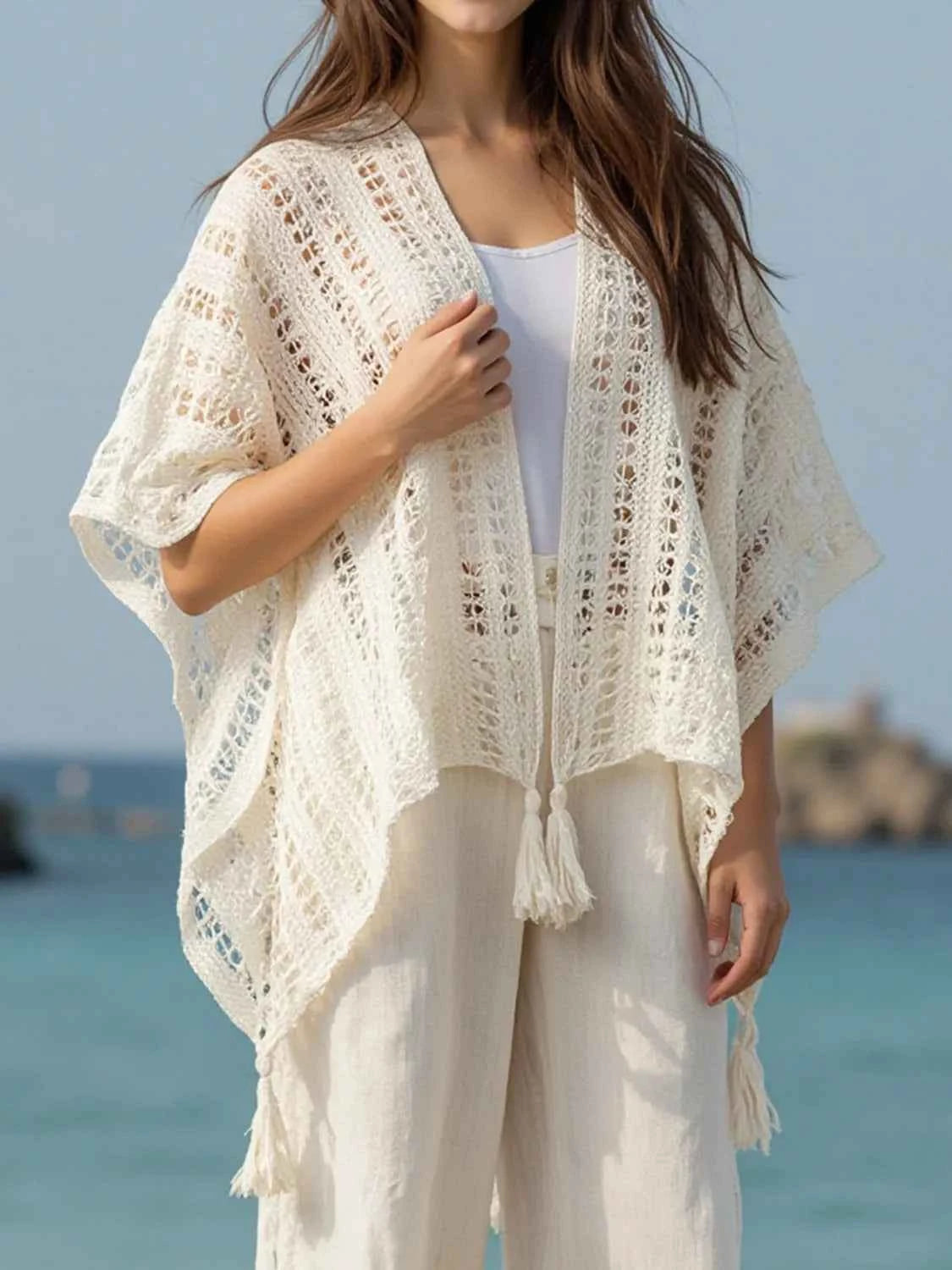 Openwork Tassel Open Front Knit Cover Up Trendsi