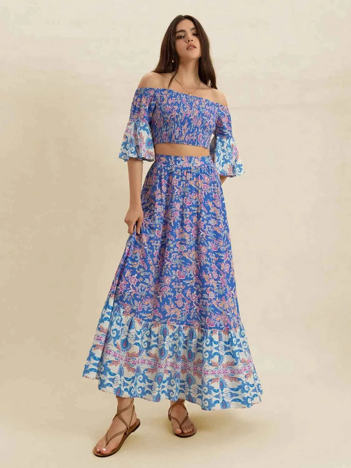 Smocked Off-Shoulder Printed Top and Skirt Set Trendsi