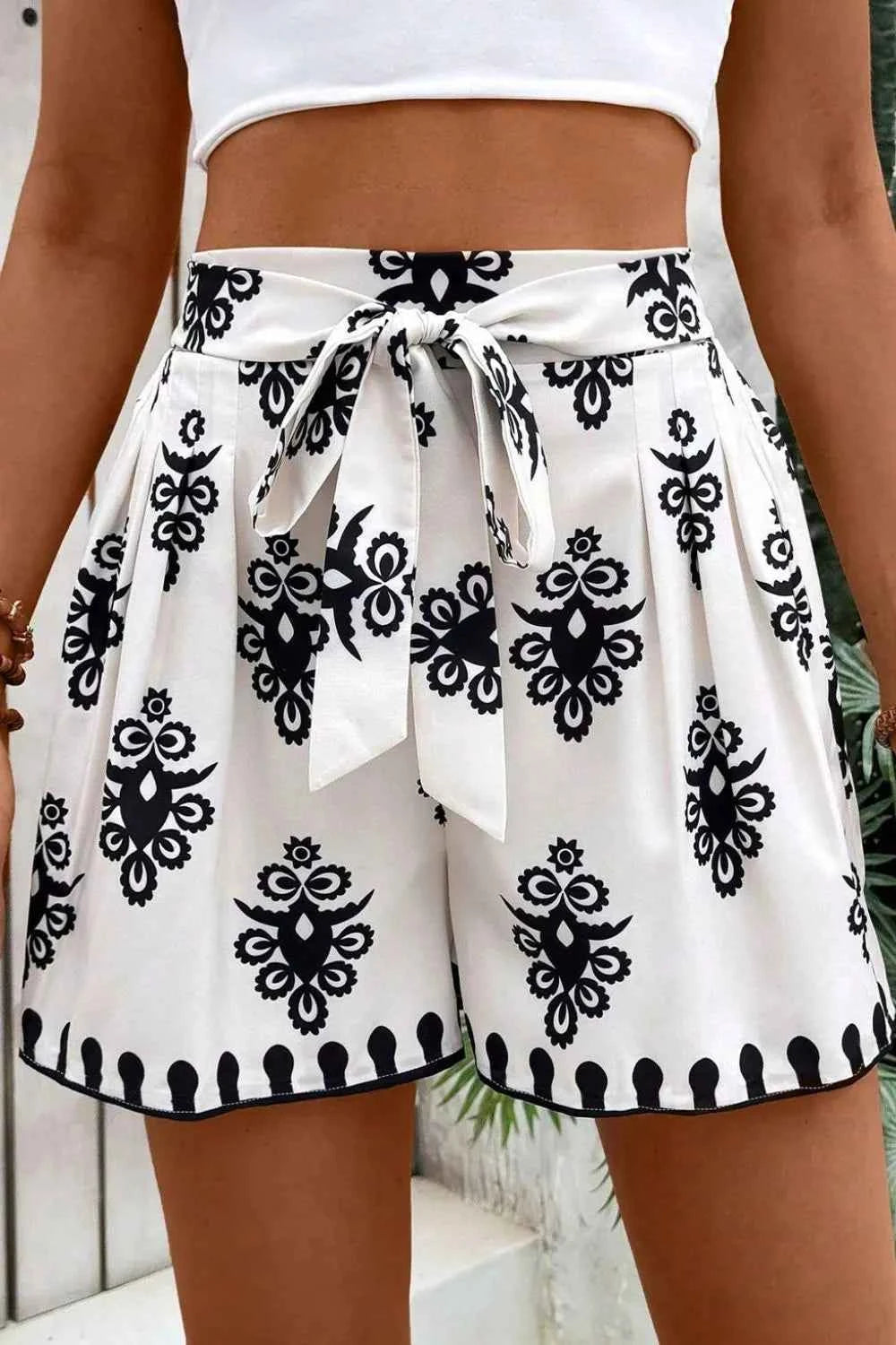 Tied Printed Shorts White Trendsi