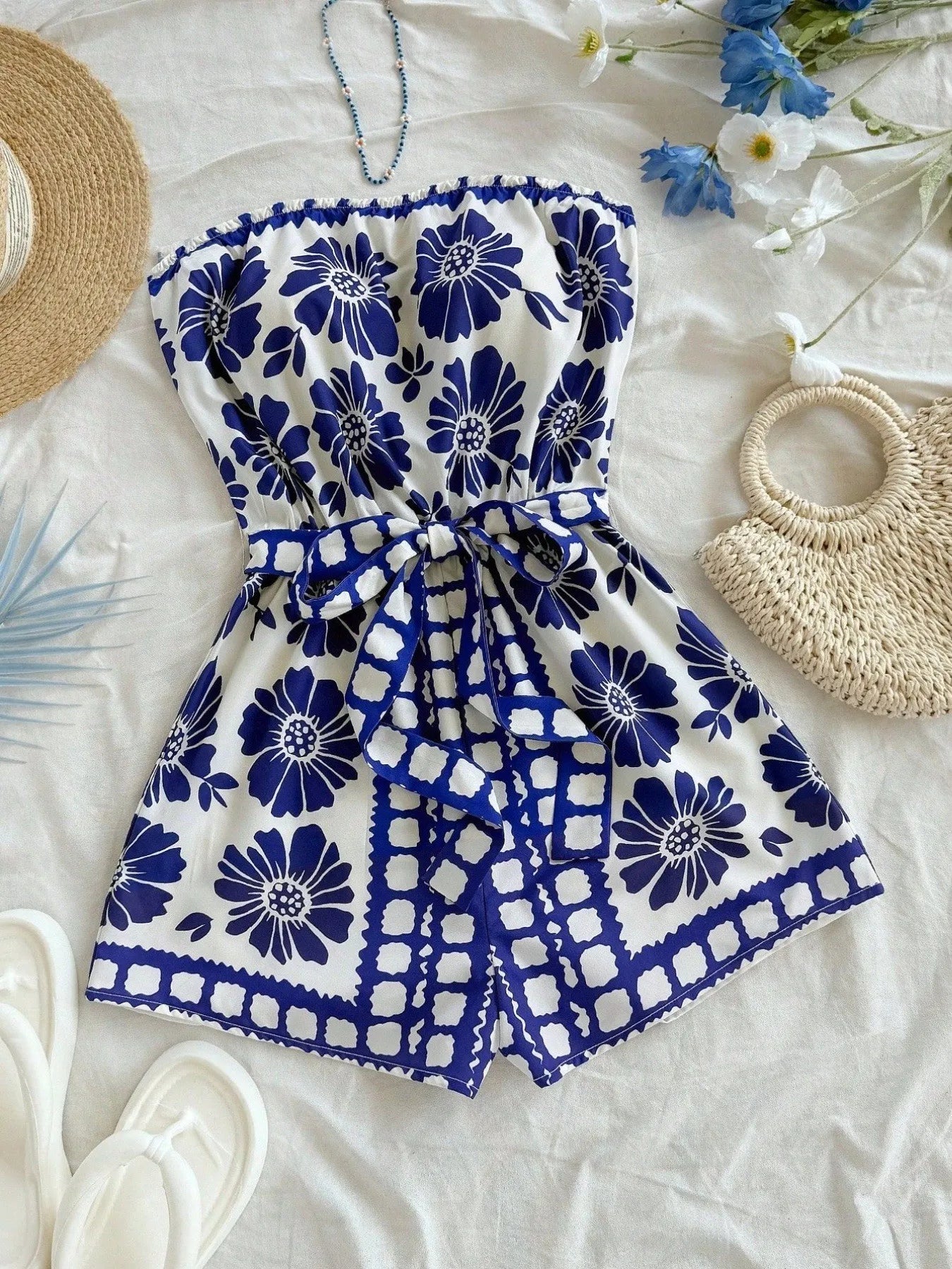 Printed Tube Tie Waist Romper Royal Blue Trendsi