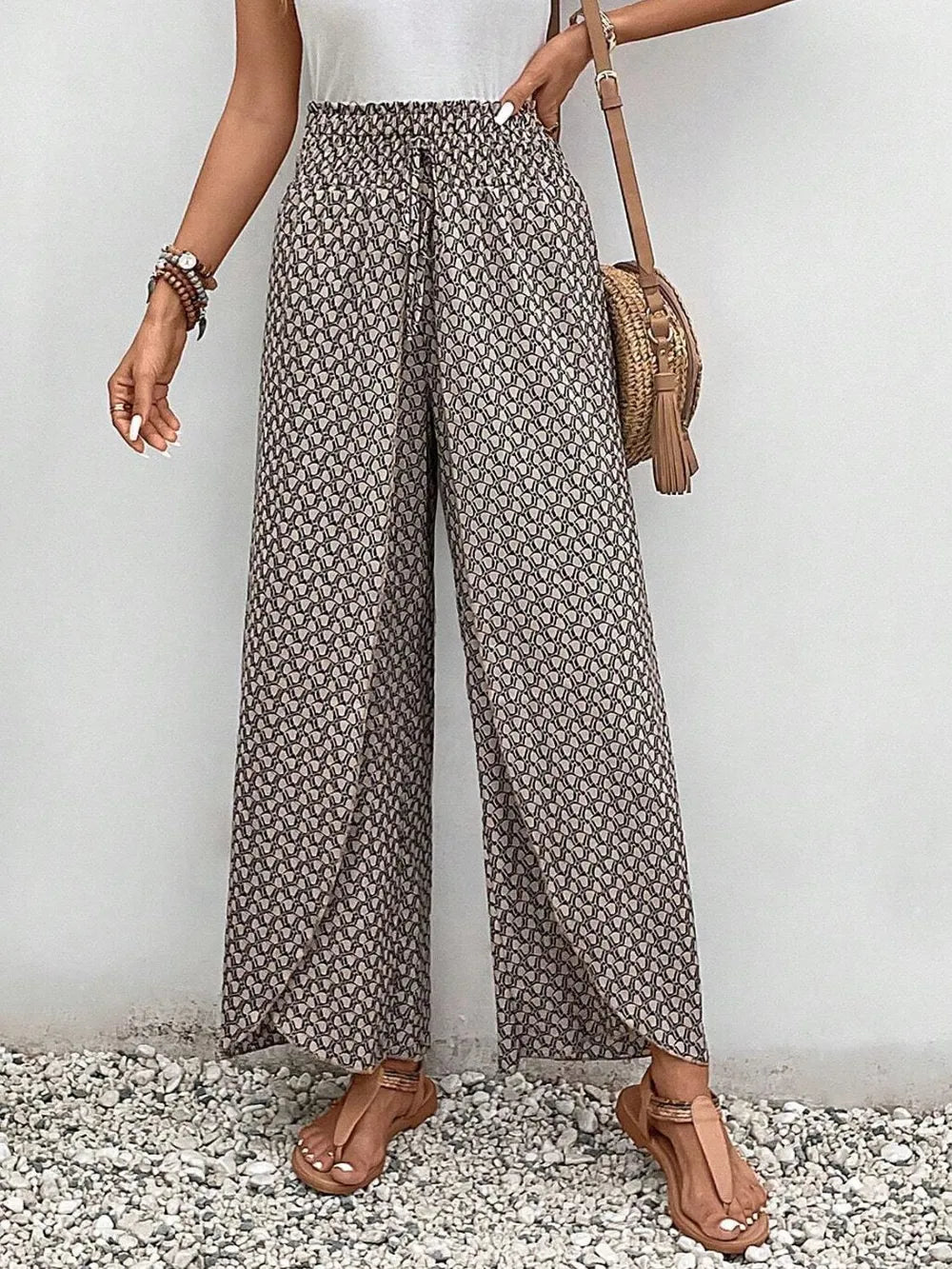 Tied Printed Wide Leg Pants Trendsi