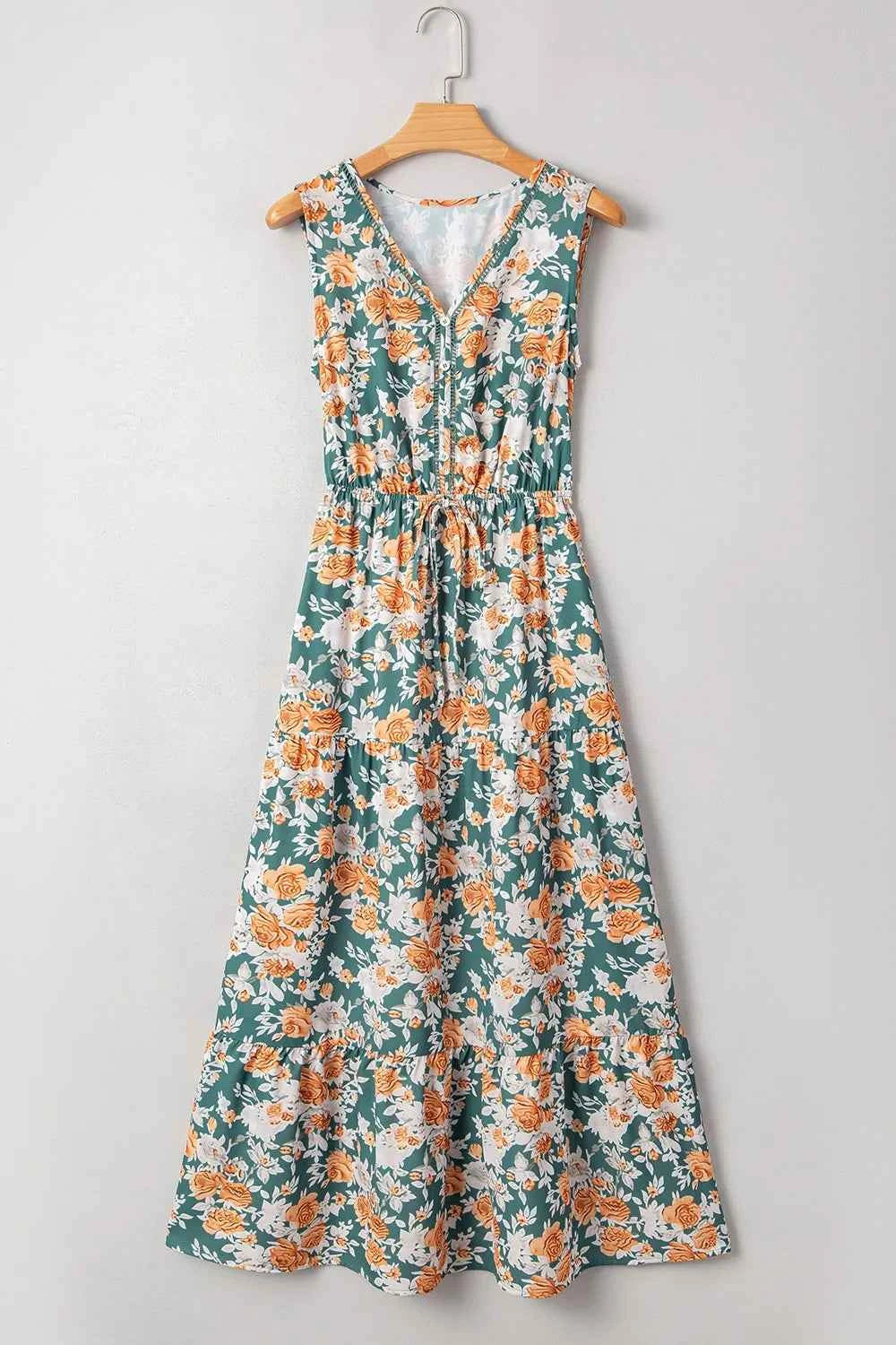Floral Print Trimmed V Neck Tie Waist Sleeveless Dress Trendsi