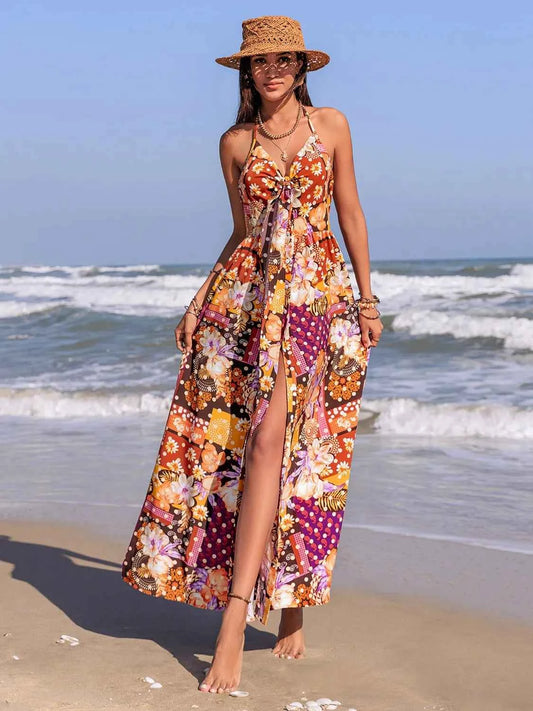 Slit Printed Halter Neck Cami Dress Multicolor Trendsi