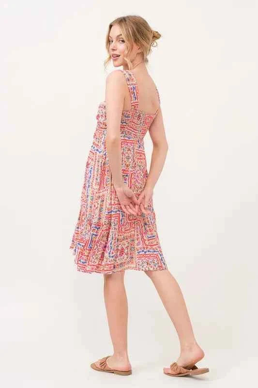 And The Why Tied Front Smocked Back Tiered Boho Printed Dress Trendsi