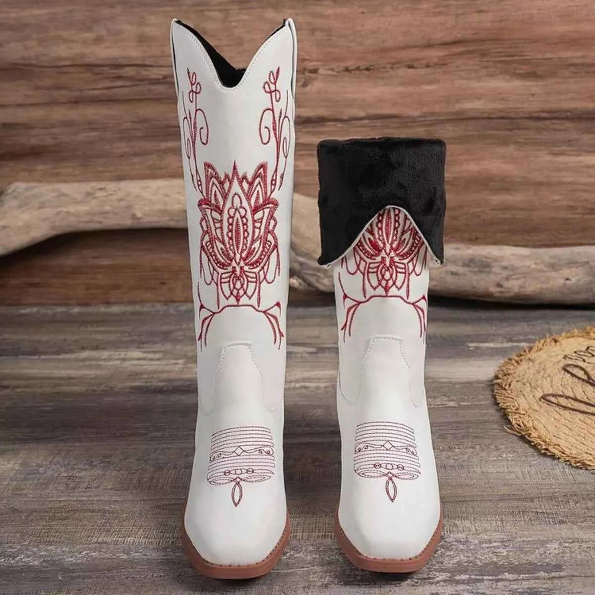 Embroidered Block Heels Boots White Trendsi