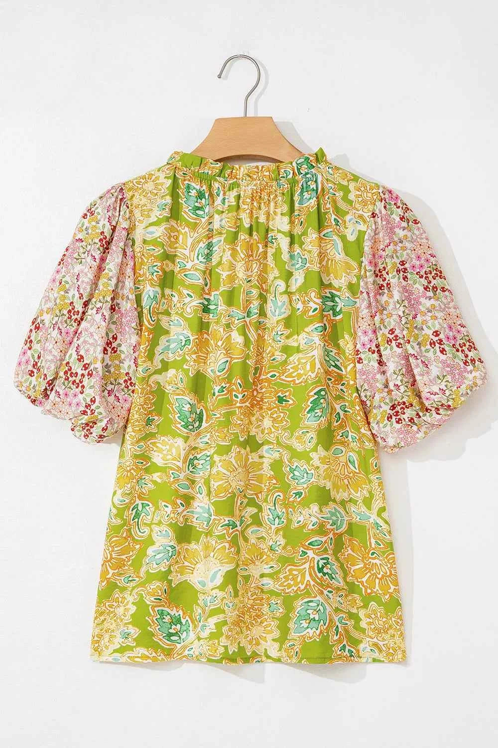 Multicolour Printed Blouse with Contrast Bubble Sleeve Patchwork Trendsi