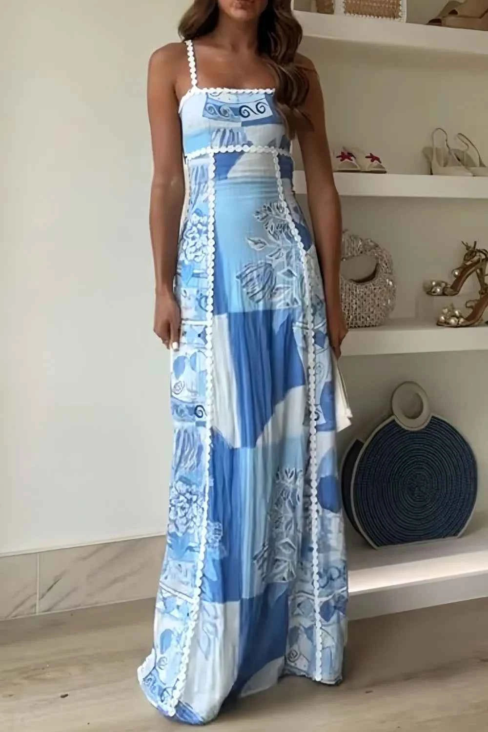 Cutout Back Printed Square Neck Maxi Dress Light Blue Trendsi