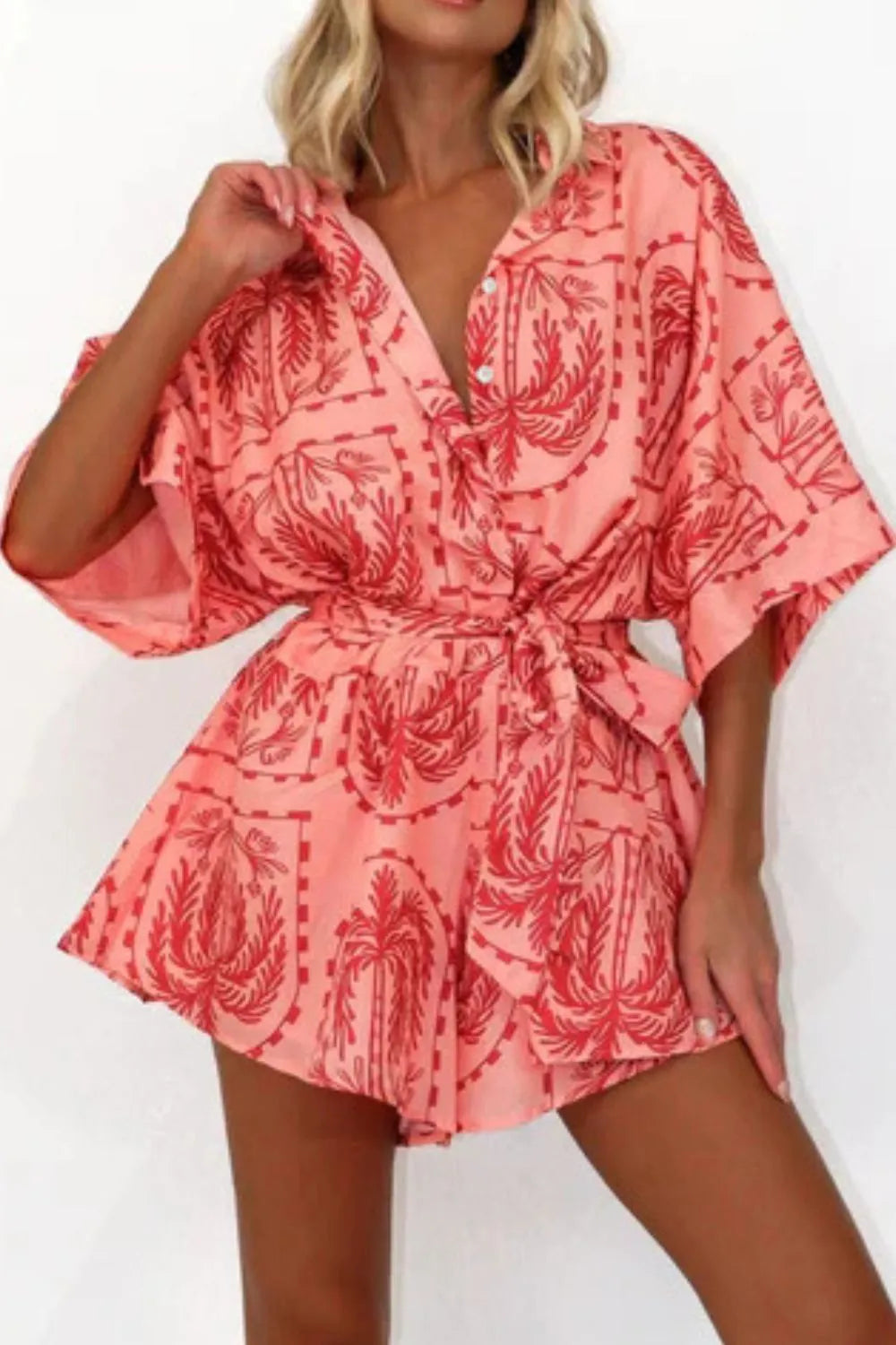 Printed Tie Waist Romper Trendsi