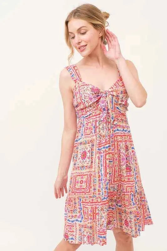 And The Why Tied Front Smocked Back Tiered Boho Printed Dress Red Multi Trendsi