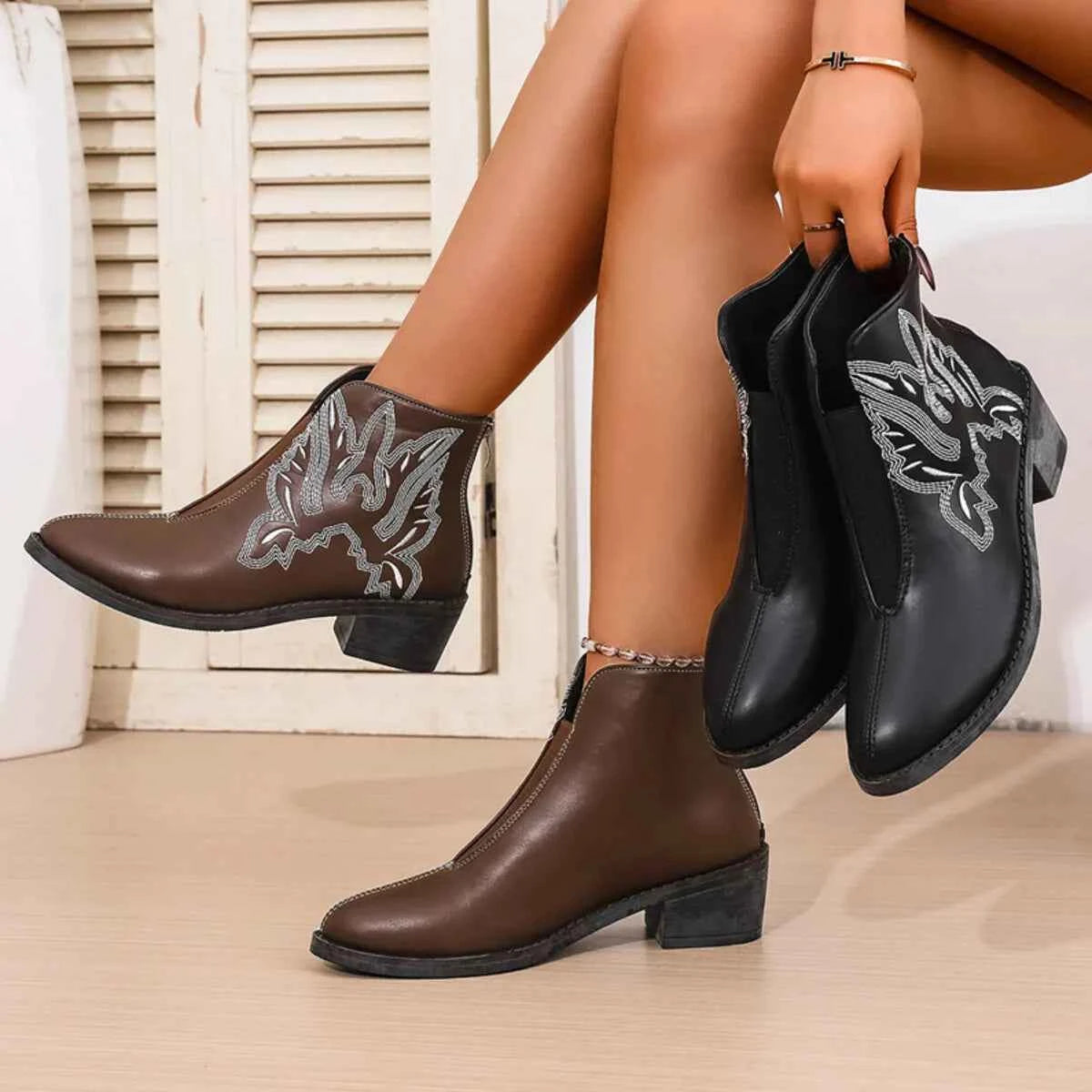 Western Embroidered Ankle Boots Trendsi