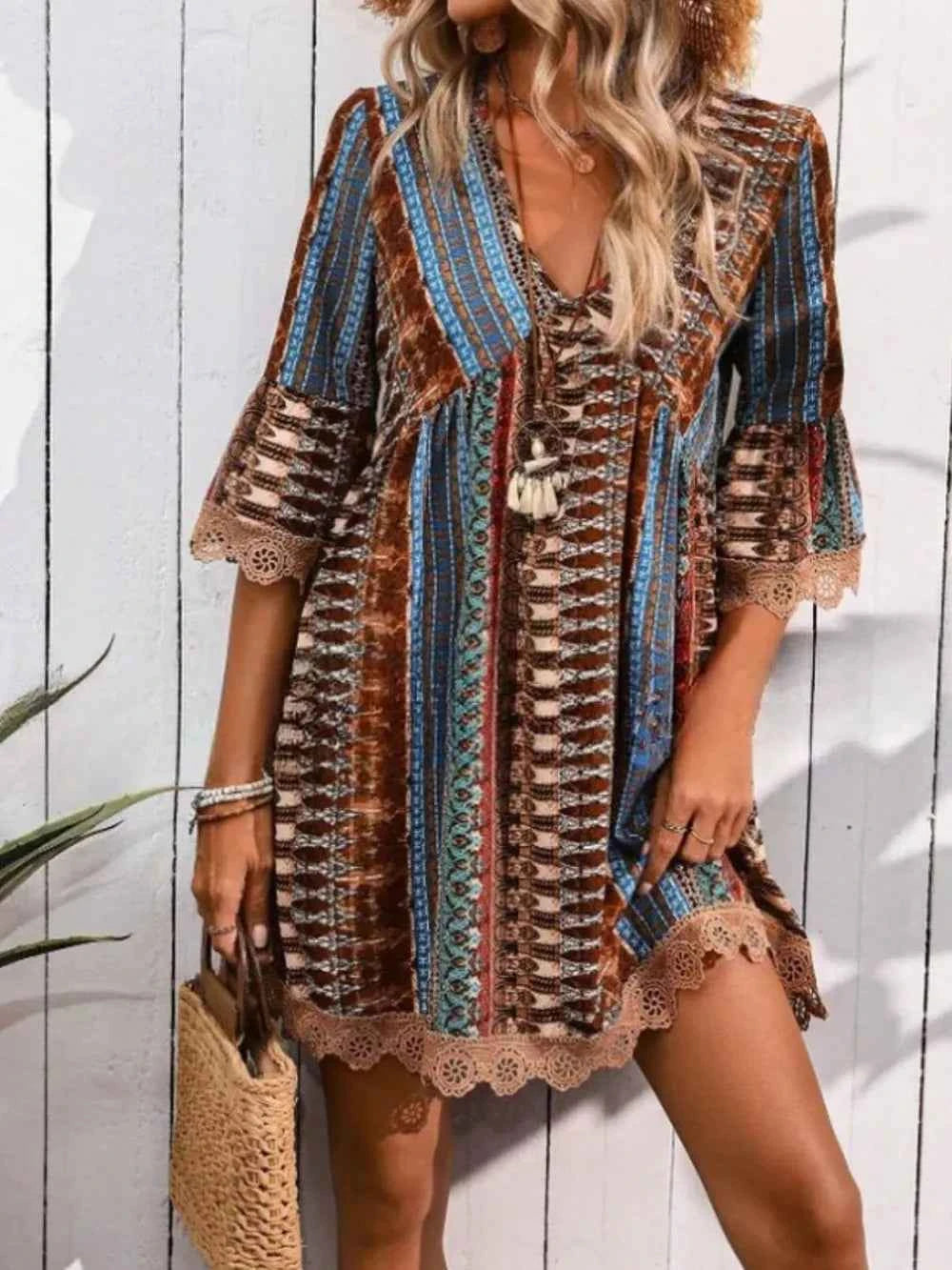 Lace Trim Printed V-Neck 3/4 Sleeve Dress Brown Trendsi