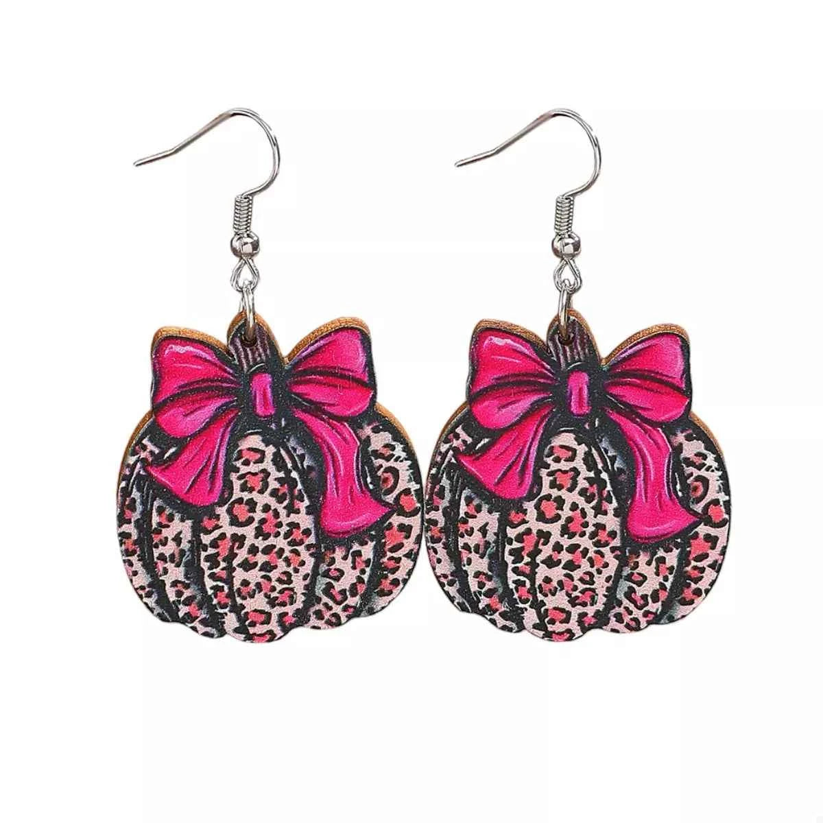 Halloween Pumpkin Leopard Print Bow Earrings - Festive Statement Jewelry Trendsi