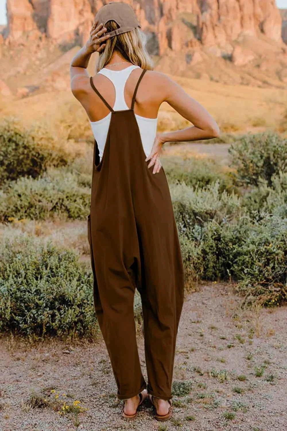 Double Take Full Size V-Neck Sleeveless Jumpsuit with Pockets Trendsi