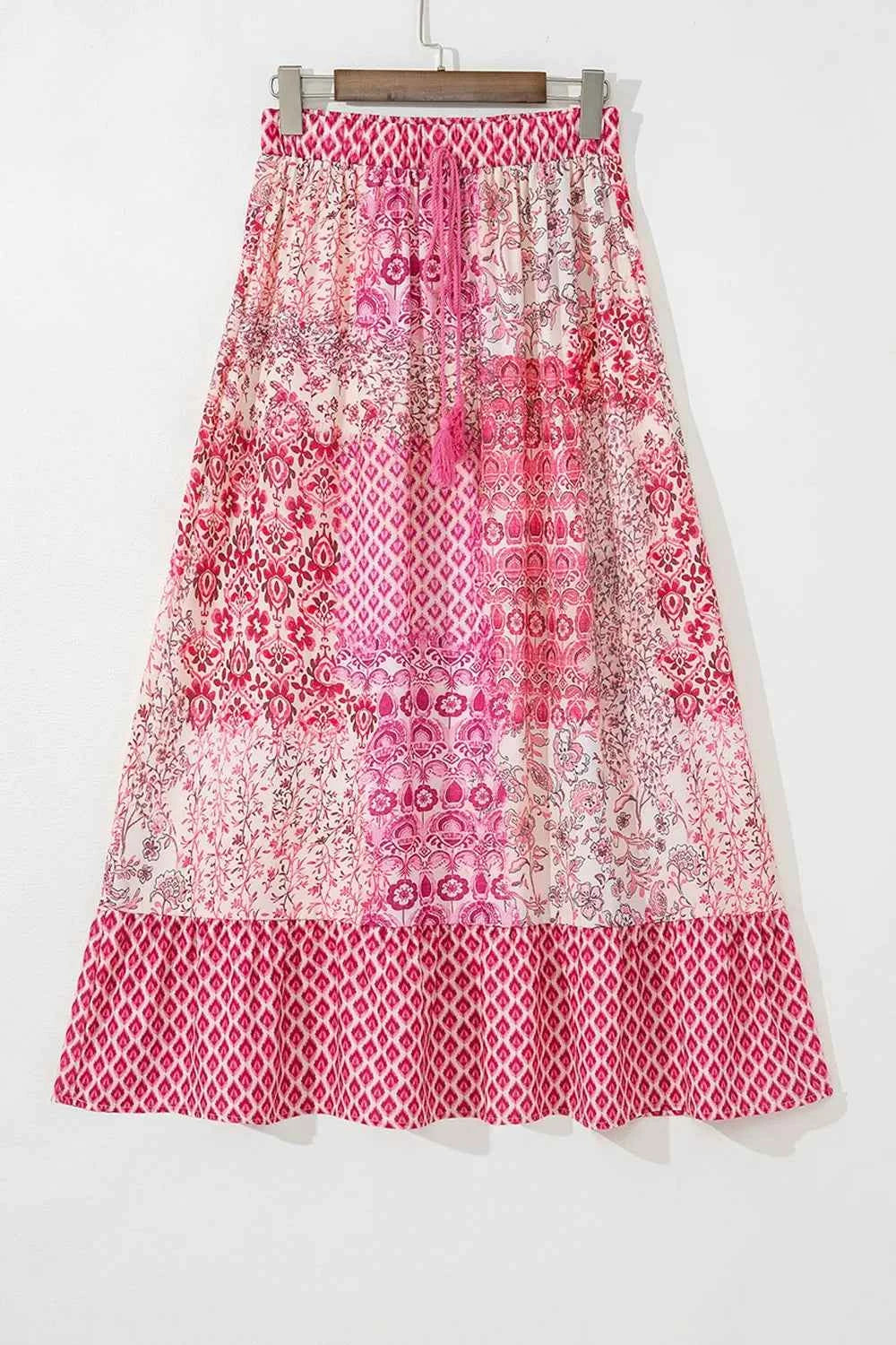 Printed Tassel Drawstring High Waist Maxi Skirt Trendsi