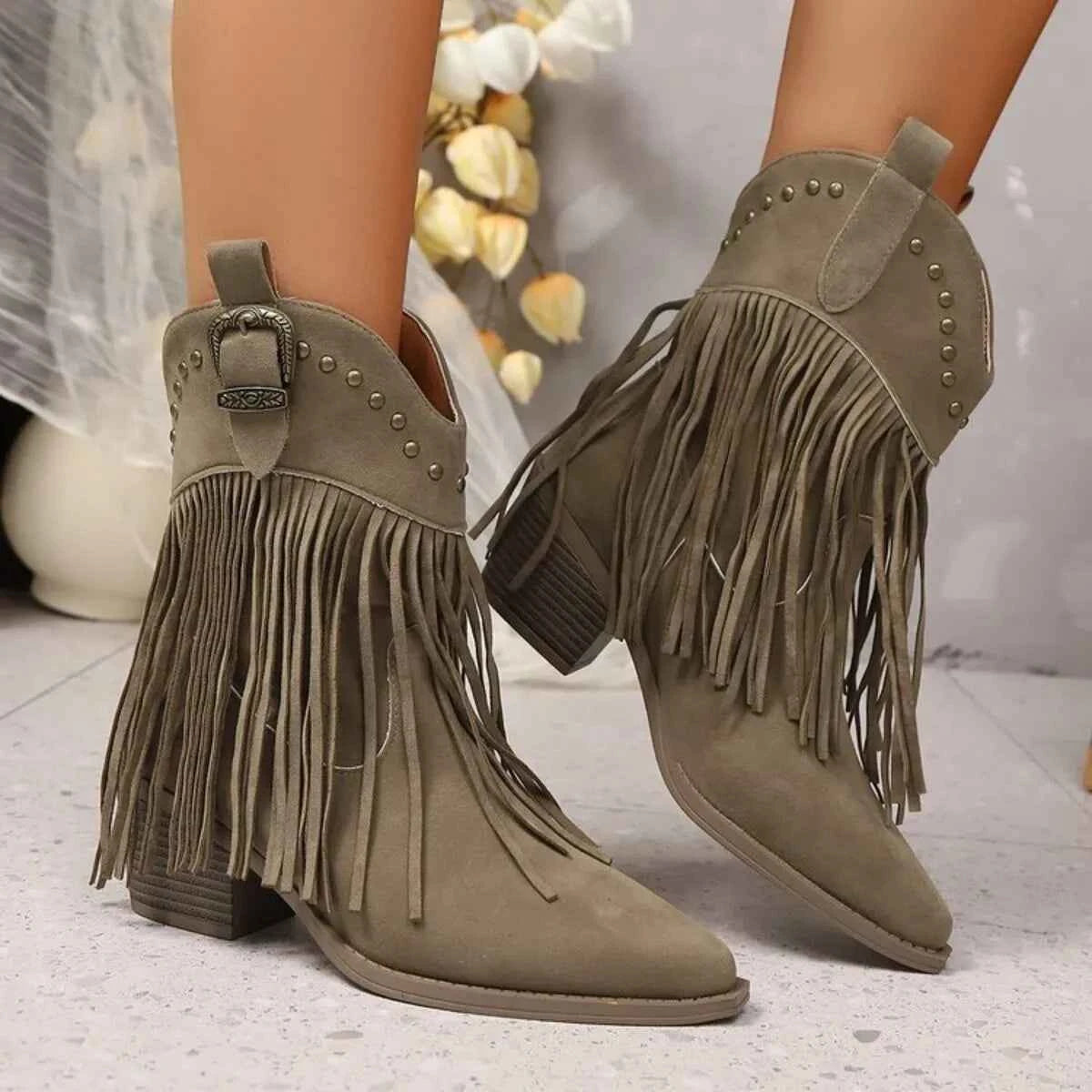 Fringe Point Toe Block Heels Boots Trendsi