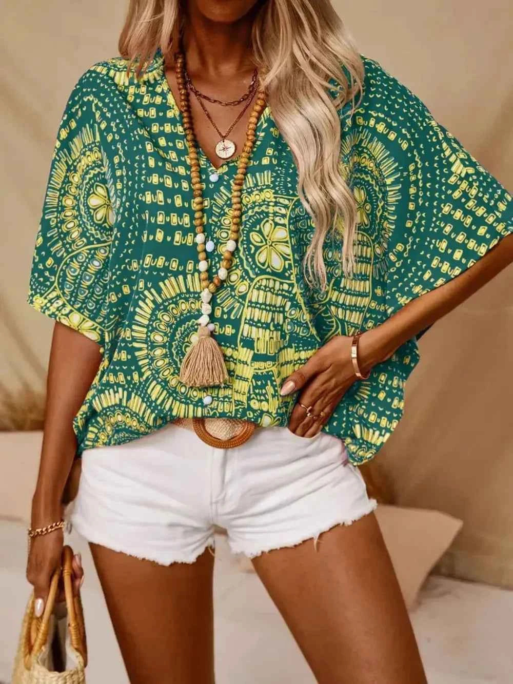 Printed V-Neck Half Sleeve Top Green Trendsi