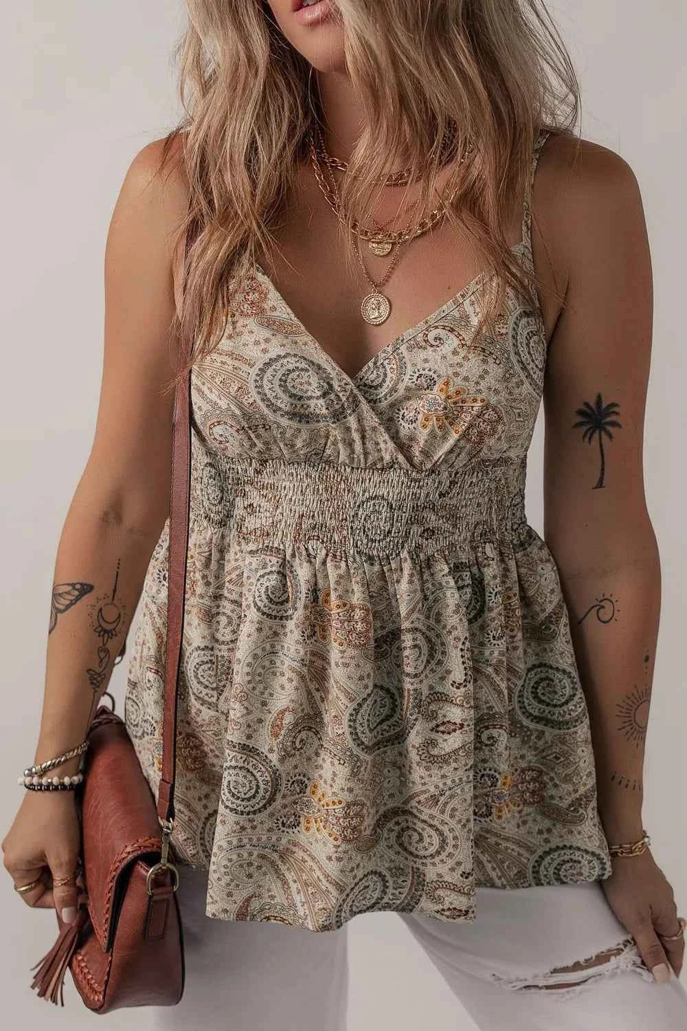Paisley Printed Smocked Babydoll Cami Trendsi