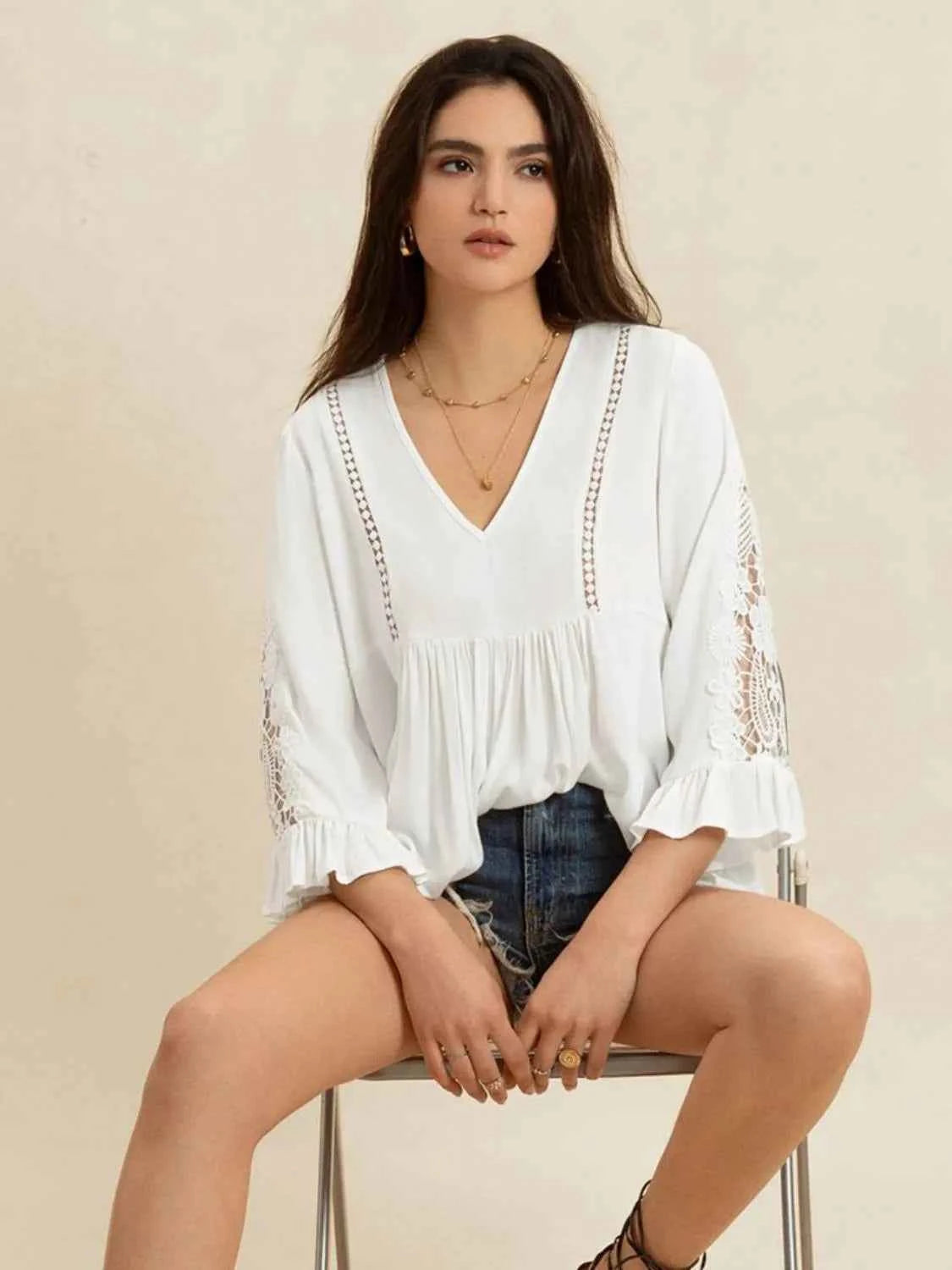 V-Neck Lace Flounce Sleeve Top Trendsi