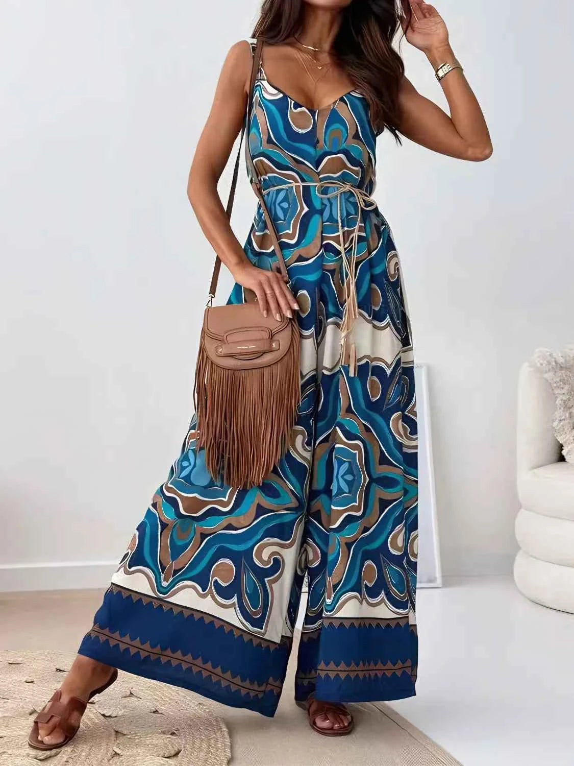 Printed V-Neck Wide Leg Jumpsuit Trendsi