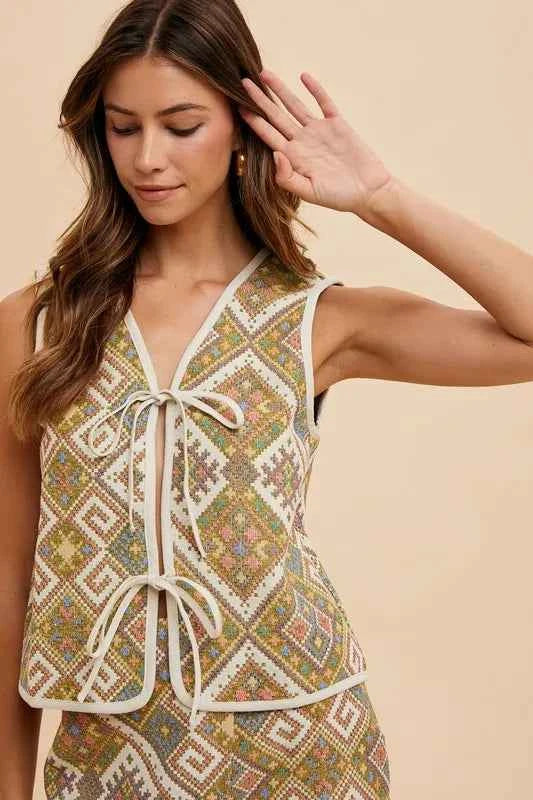 Annie Wear Ethnic Boho Vest - Woven Jacquard Tie Front Design YELLOW GREEN MULTI Trendsi