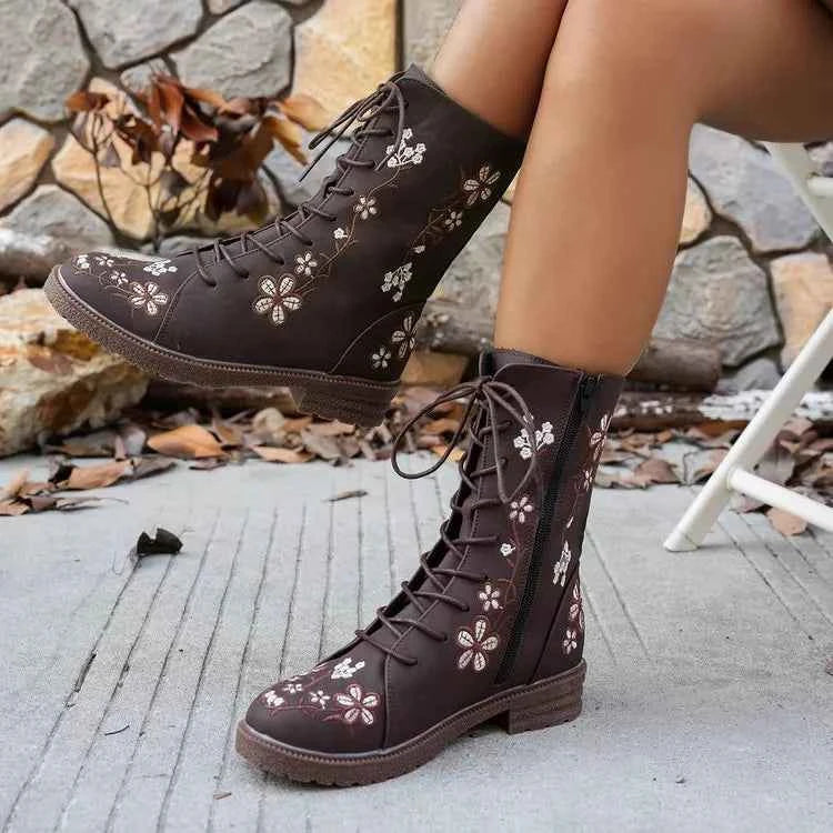 Round Toe Block Heels Boots Coffee Brown Trendsi