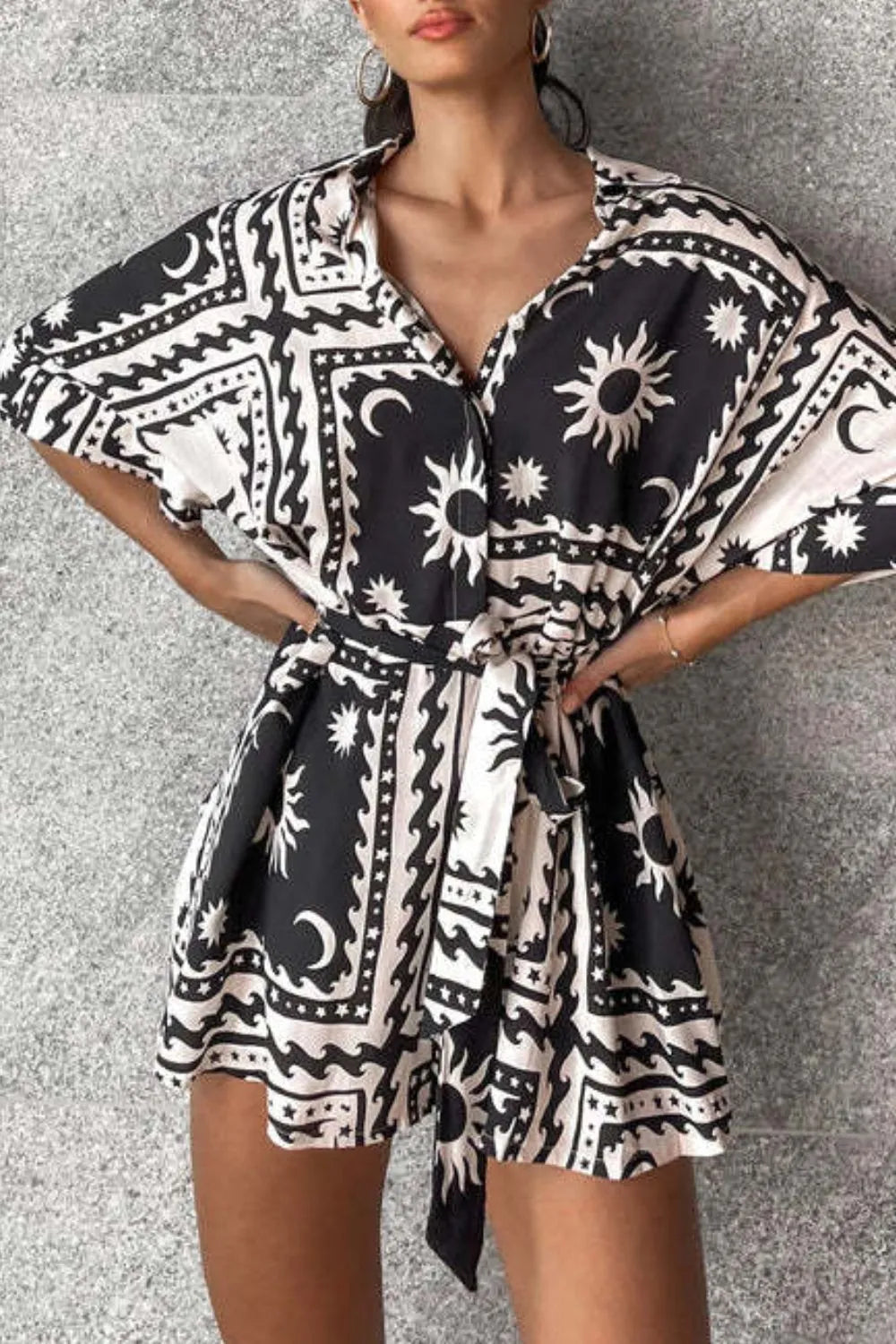 Printed Tie Waist Romper Trendsi
