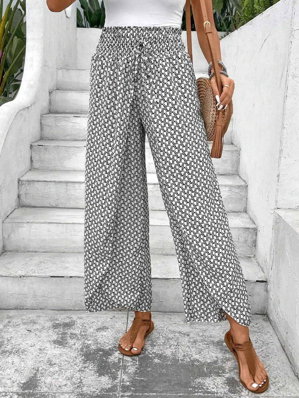 Tied Printed Wide Leg Pants Trendsi
