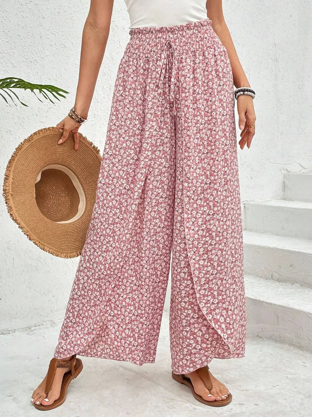 Tied Printed Wide Leg Pants Blush Pink Trendsi