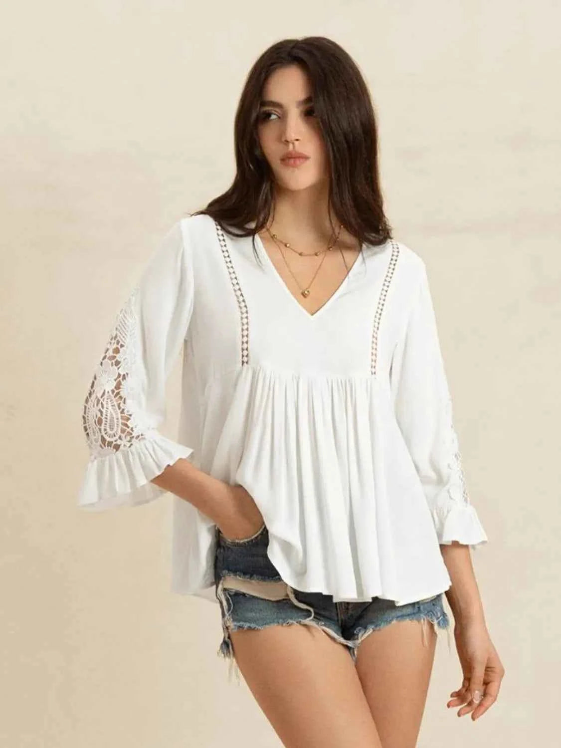 V-Neck Lace Flounce Sleeve Top Trendsi
