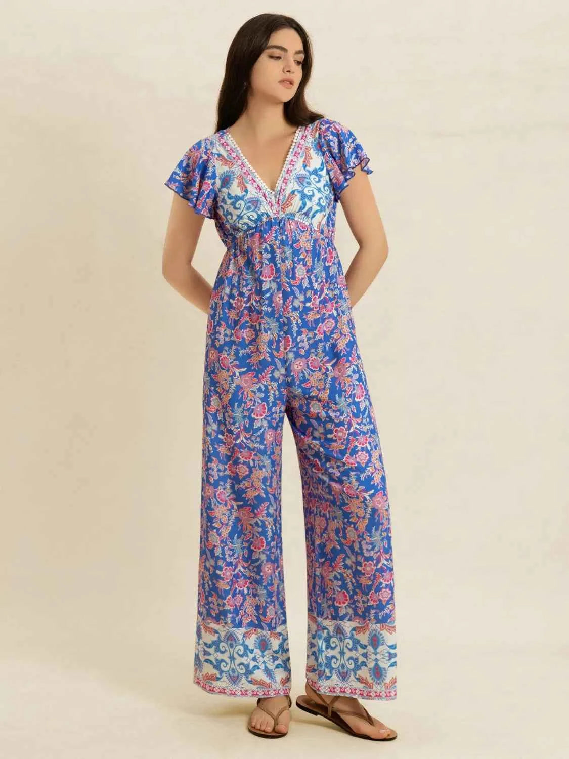 Printed V-Neck Wide Leg Jumpsuit Blue Purple Trendsi