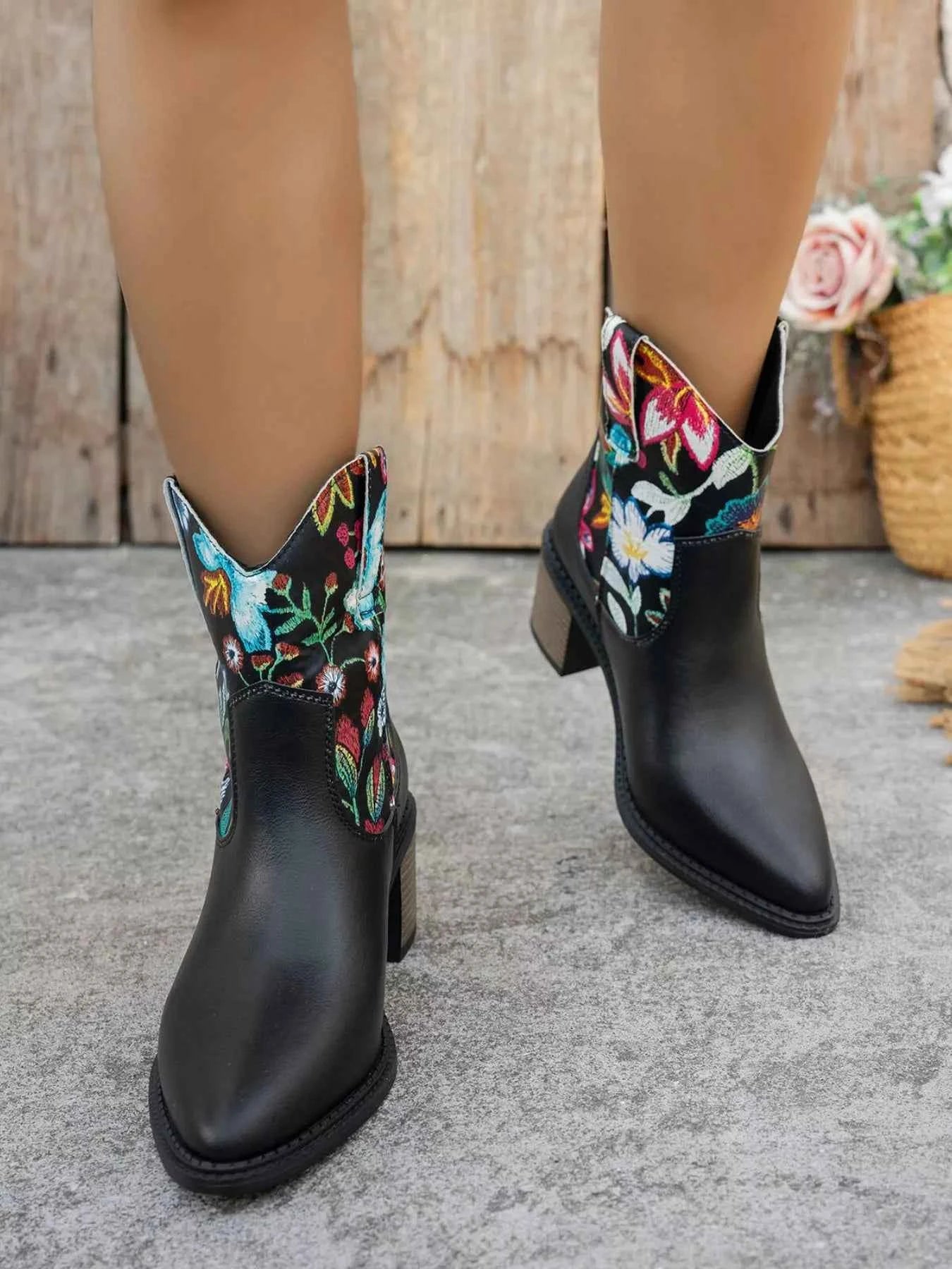 Floral Embroidered Western Ankle Boots Trendsi