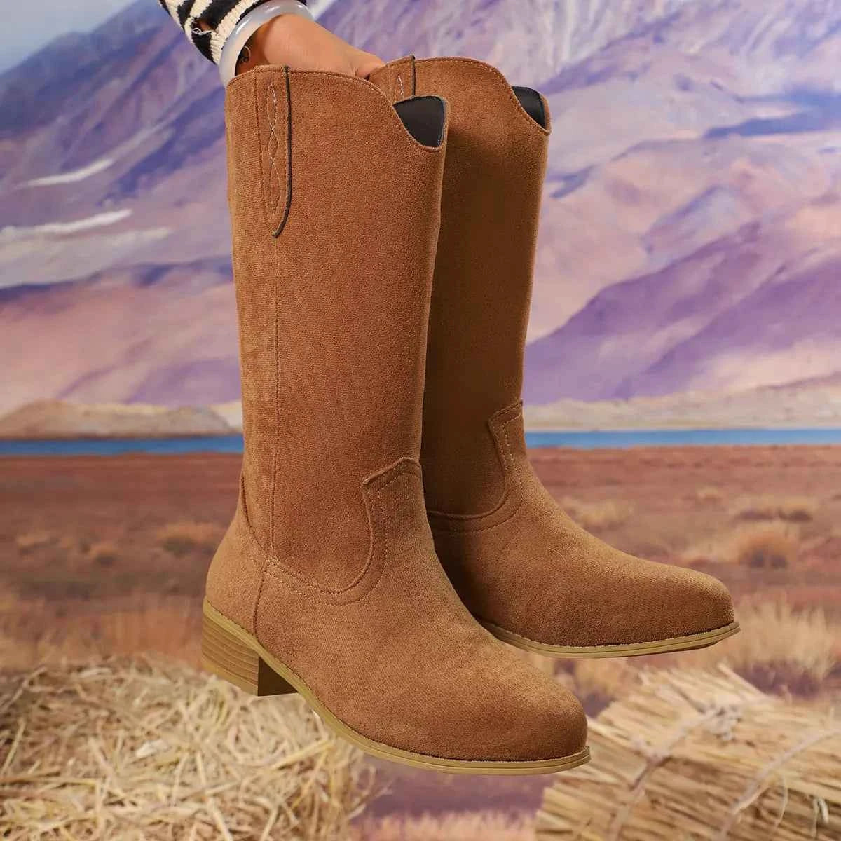 Suede Block Heels Boots Tan Trendsi